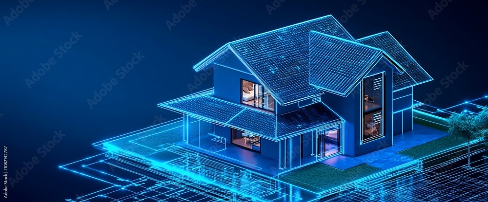 A wireframe digital model of a modern two-story house with a yard on a blue background. A wireframe digital model of a modern two-story house with a yard on a blue background.