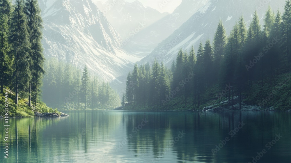 Naklejka premium Serene lake with forested mountains in the background, peaceful and quiet, nature's reflection on still water, majestic and calming landscape.