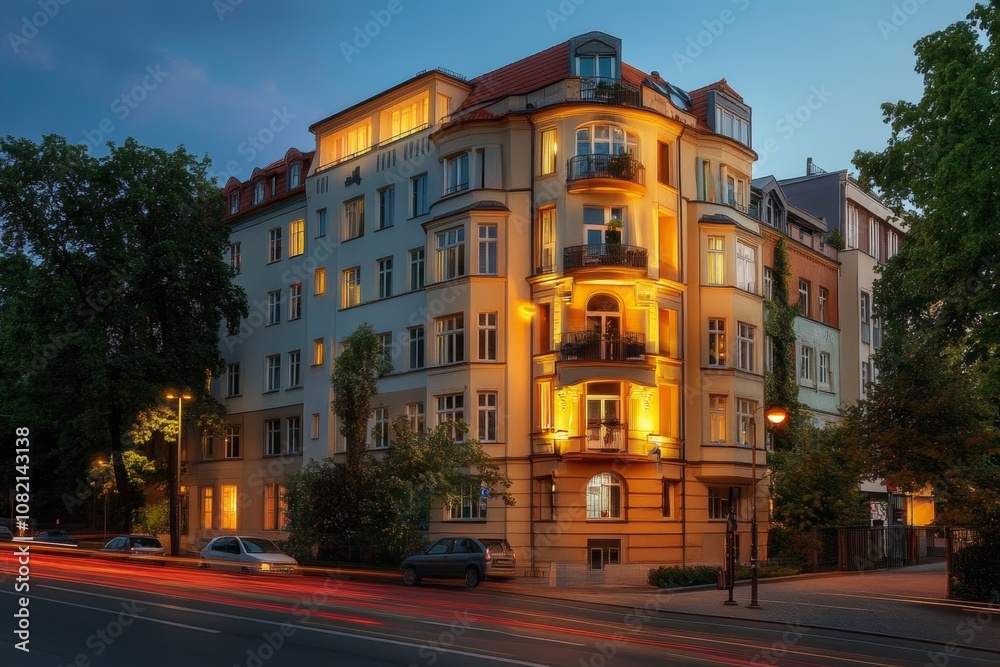 Elegant luxury apartment building in Berlin illuminated at dusk Elegant luxury apartment building in Berlin illuminated at dusk