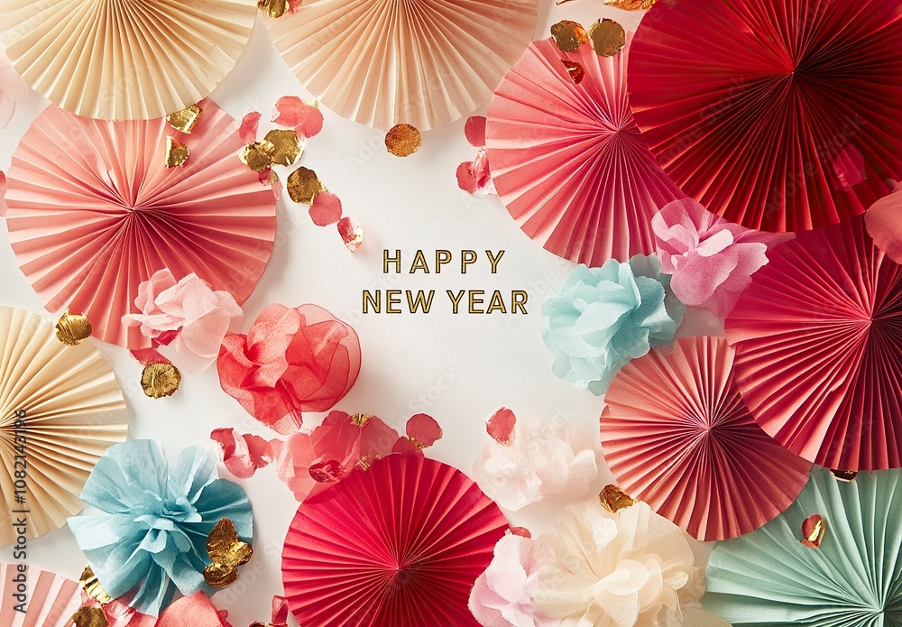 Colorful Chinese New Year background, featuring paper fans and lanterns, with the words Colorful Chinese New Year background, featuring paper fans and lanterns, with the words