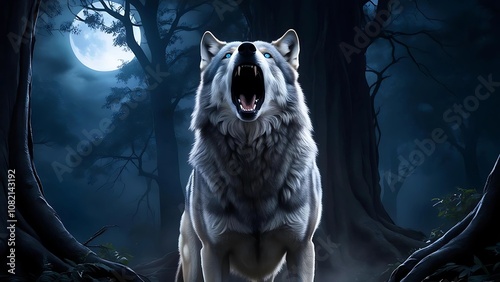 Wolf howl when the moon is full in the middle of a dark forest