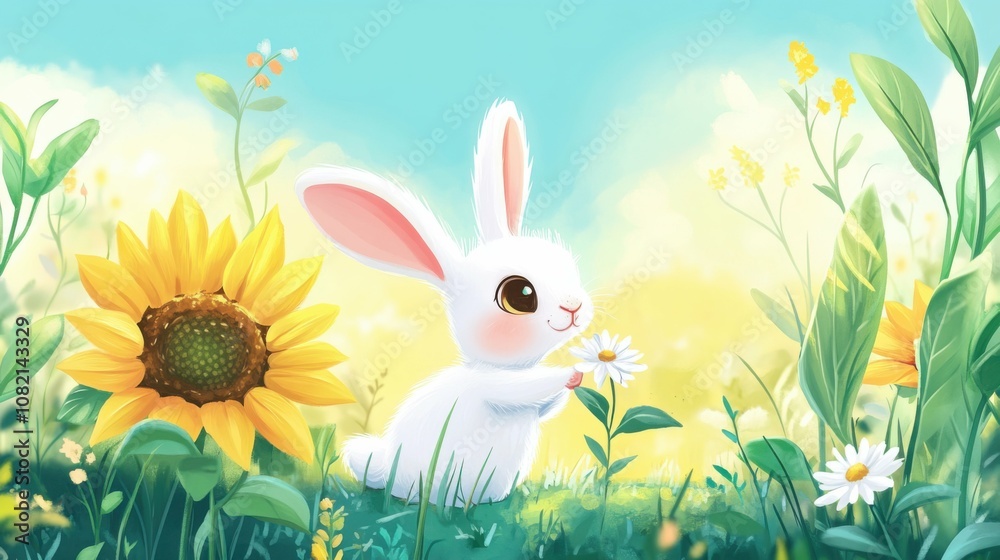 geometric design, a playful chibi rabbit in a lush garden, rabbit sniffing a daisy, oversized ears, Sunflower, vibrant planet, small world, colorful sunflower, modernism, bright lighting, cool hues, geometric design, a playful chibi rabbit in a lush garden, rabbit sniffing a daisy, oversized ears, Sunflower, vibrant planet, small world, colorful sunflower, modernism, bright lighting, cool hues,
