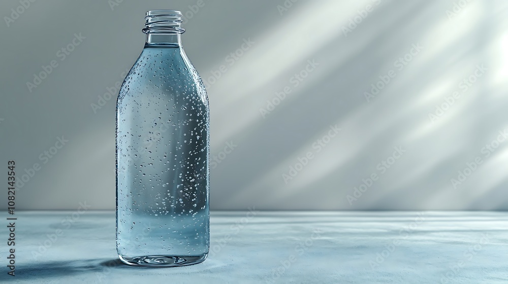 A plastic bottle of clear water with condensation droplets on a light grey background with sunlight shadows. A plastic bottle of clear water with condensation droplets on a light grey background with sunlight shadows.