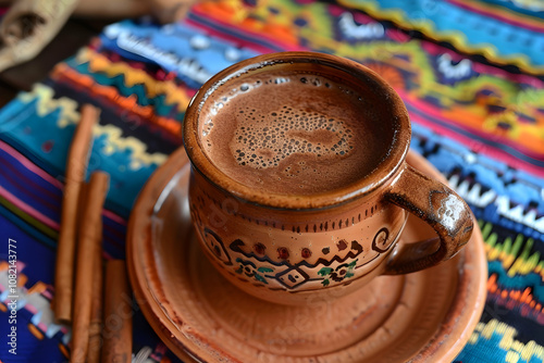 Traditional Mexican champurrado is served in a rustic magic clay mug. The mug stands on a bright cloth tablecloth with an image of a traditional Mexican