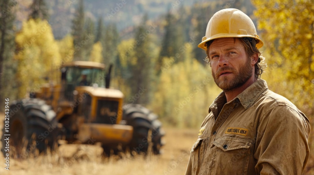 A construction worker in a hard hat views the site, standing with machinery blurred in the background amid a sunny working day, emphasizing safety and focus A construction worker in a hard hat views the site, standing with machinery blurred in the background amid a sunny working day, emphasizing safety and focus