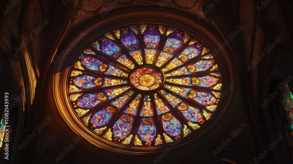 Circular stained glass window with vibrant patterns, intricate design, historic architecture, soft light filtering through, religious setting, artistic detail Circular stained glass window with vibrant patterns, intricate design, historic architecture, soft light filtering through, religious setting, artistic detail