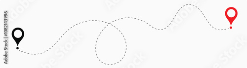 Dot line path route travel banner illustration with location map pin icon.  Route location icon two pin sign and dotted line.