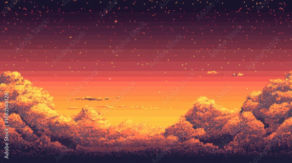 pixel clouds on pastel sky, soft pink and orange gradient, retro 8-bit style, scattered stars, digital art, nostalgic feel, smooth transition pixel clouds on pastel sky, soft pink and orange gradient, retro 8-bit style, scattered stars, digital art, nostalgic feel, smooth transition