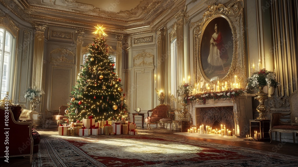 Fototapeta premium Opulent Holiday Setting: Christmas Tree and Lavish Decorations