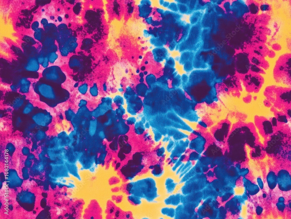Vibrant Tie-Dye Pattern with Energetic Swirls and Color Contrasts in Pink, Blue, and Yellow Shades for Creative and Artistic Projects Vibrant Tie-Dye Pattern with Energetic Swirls and Color Contrasts in Pink, Blue, and Yellow Shades for Creative and Artistic Projects