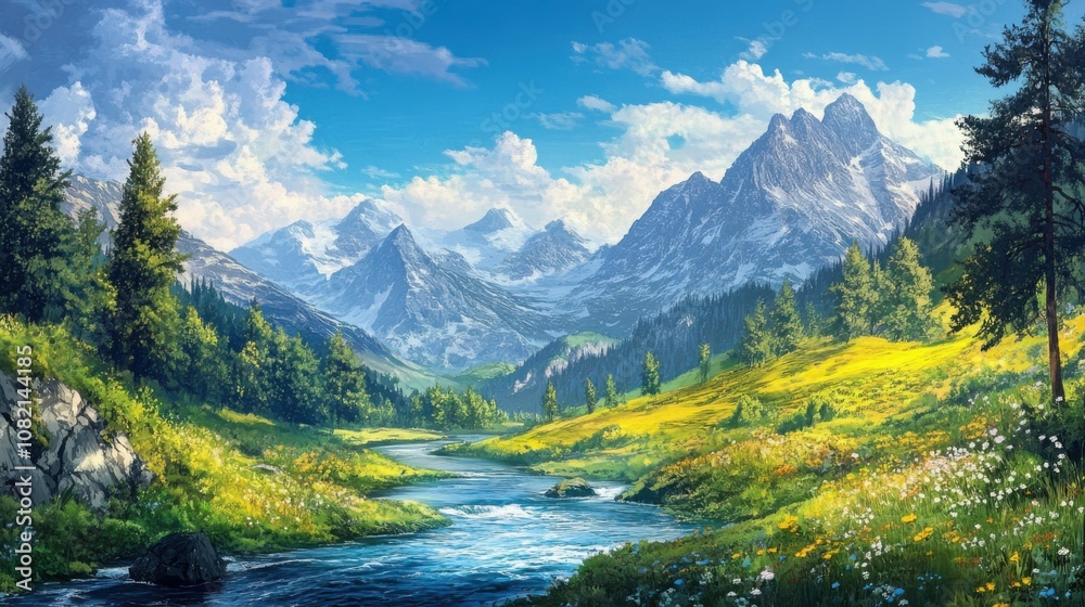 Mountain valley with river, untouched nature, wide open landscape, sense of tranquility, natural beauty Mountain valley with river, untouched nature, wide open landscape, sense of tranquility, natural beauty