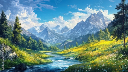 Mountain valley with river, untouched nature, wide open landscape, sense of tranquility, natural beauty