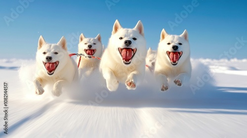 Four Energetic White Dogs Running Playfully Across a Snowy Landscape with Joyful Expressions and a Clear Blue Sky in the Background