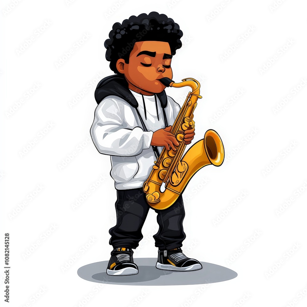 Naklejka premium Cartoon Character Playing Saxophone in 2D Illustration