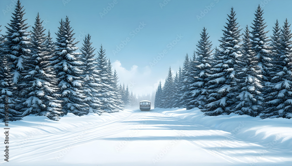 A snowy path leads through a dense forest of tall pine trees. A snowy path leads through a dense forest of tall pine trees.