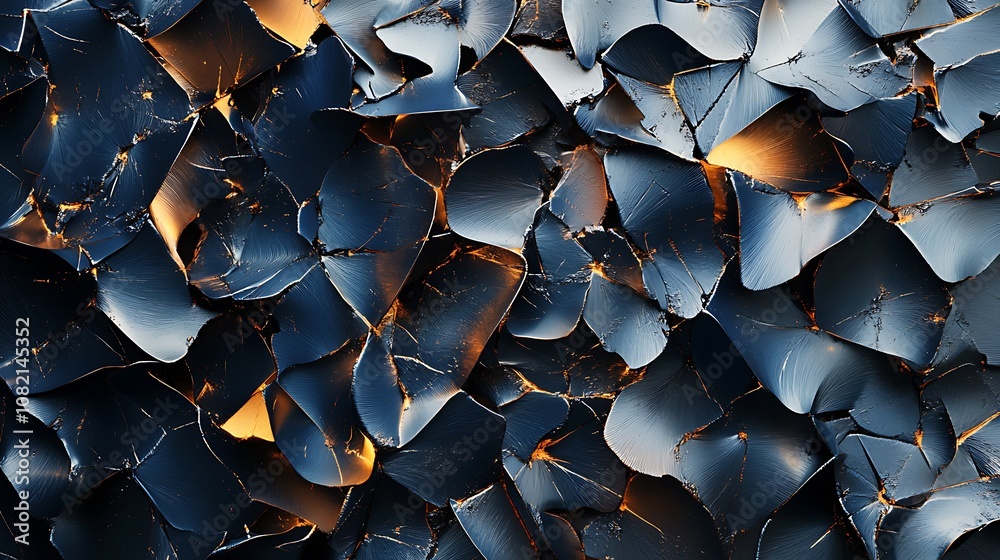Fototapeta premium Abstract background of dark blue and gold, resembling cracked and shattered glass.