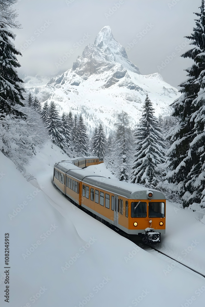 A train travels through a snowy landscape with a majestic mountain in the background. A train travels through a snowy landscape with a majestic mountain in the background.