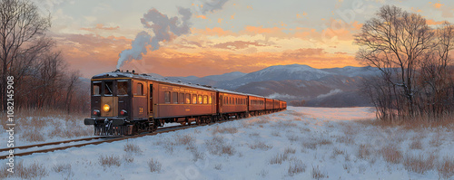 A train travels through a snowy landscape at sunset. photo