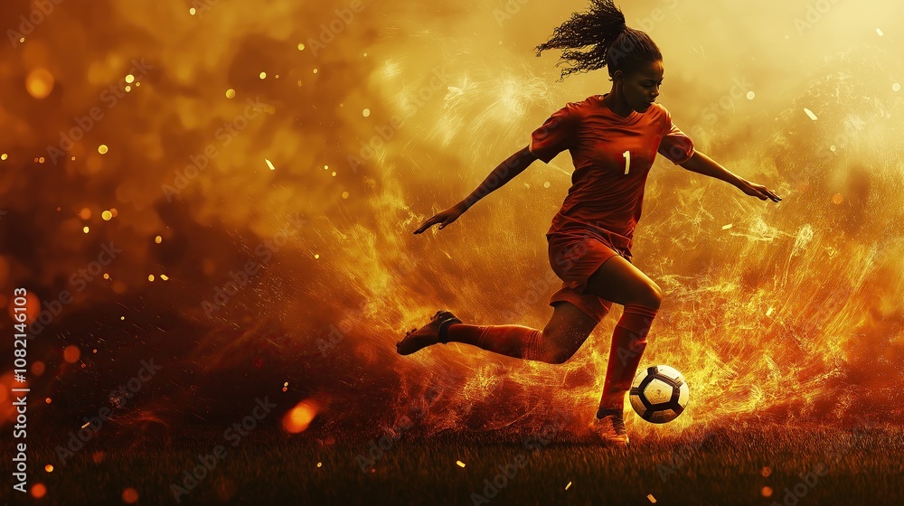 Naklejka premium Female Football Player in Action on the Field, Focused and Determined, copy space area