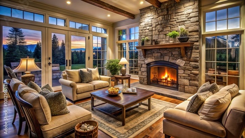 Cozy Living Room Featuring a Stone Fireplace and French Doors Illuminated by Long Exposure at Twilight, Capturing Warmth and Tranquility in a Stylish Home Setting