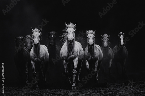 black-and-white photo of a group of horses running forward in dramatic lighting, creating a powerful and intense scene
