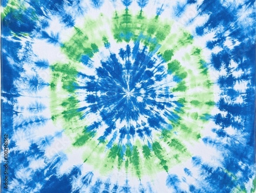 Vibrant Tie-Dye Pattern in Blue and Green Hues Creating a Spiraling Abstract Design Perfect for Textiles and Backgrounds