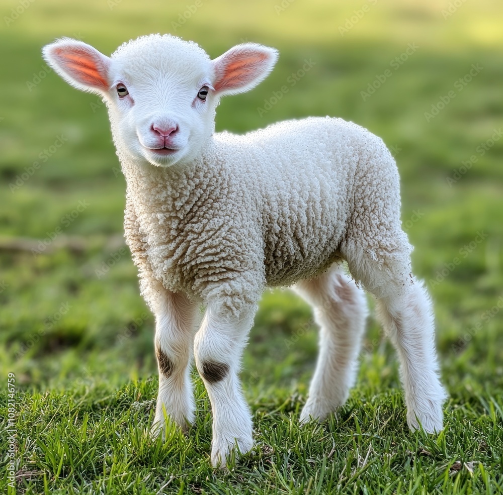 Adorable Young Lamb Standing on Green Grass, Showcasing Soft Wool and Playful Expression in a Natural Farm Environment Adorable Young Lamb Standing on Green Grass, Showcasing Soft Wool and Playful Expression in a Natural Farm Environment
