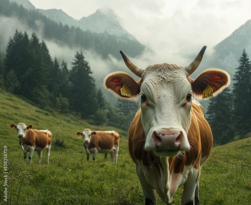 Majestic Brown Cow in Alpine Landscape Surrounded by Misty Mountains and Green Meadows, Capturing the Essence of Rural Serenity in Nature Majestic Brown Cow in Alpine Landscape Surrounded by Misty Mountains and Green Meadows, Capturing the Essence of Rural Serenity in Nature