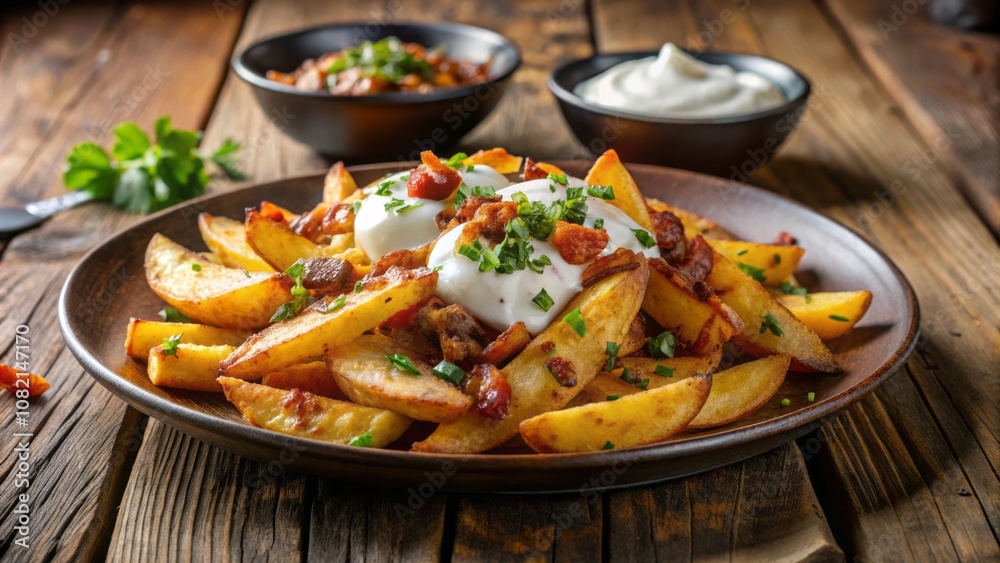 Crispy Potato Wedges Topped with Bacon, Cheese, and Sour Cream Served on a Rustic Wooden Table with Generous Copy Space for Text Overlay Crispy Potato Wedges Topped with Bacon, Cheese, and Sour Cream Served on a Rustic Wooden Table with Generous Copy Space for Text Overlay