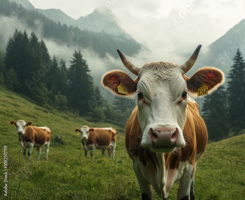 Majestic Brown Cow in Alpine Landscape Surrounded by Misty Mountains and Green Meadows, Capturing the Essence of Rural Serenity in Nature