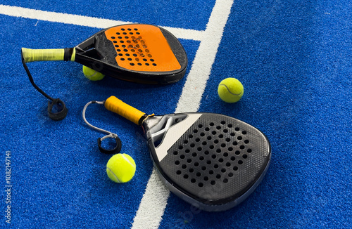 padel tennis racket sport court and balls  photo