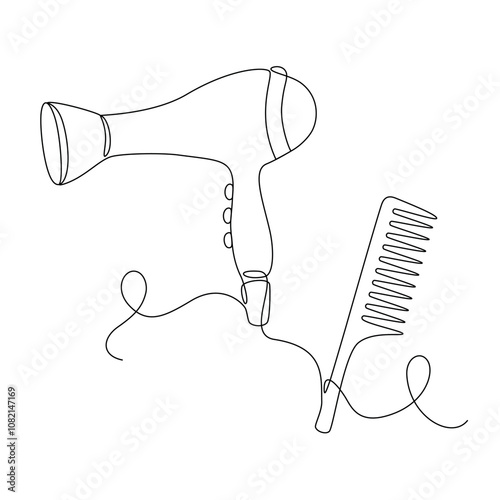 Hair dryer and comb drawn one continuous line in abstract minimalism style, beauty salon concept, editable vector contour.