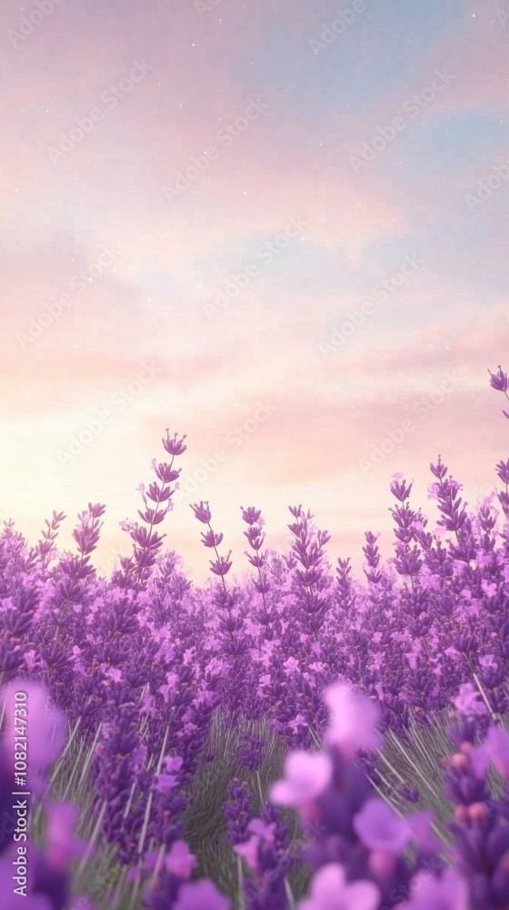 Naklejka premium Lavender field under a pastel sky at sunset, creating a serene and dreamy atmosphere, AI