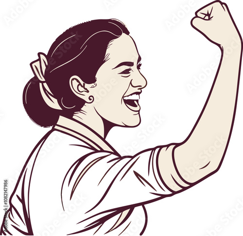 Young woman raising fist and celebrating success