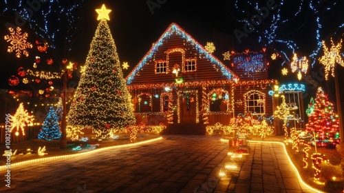 Festive Christmas Lights and Tree in a Cozy House at Night photo