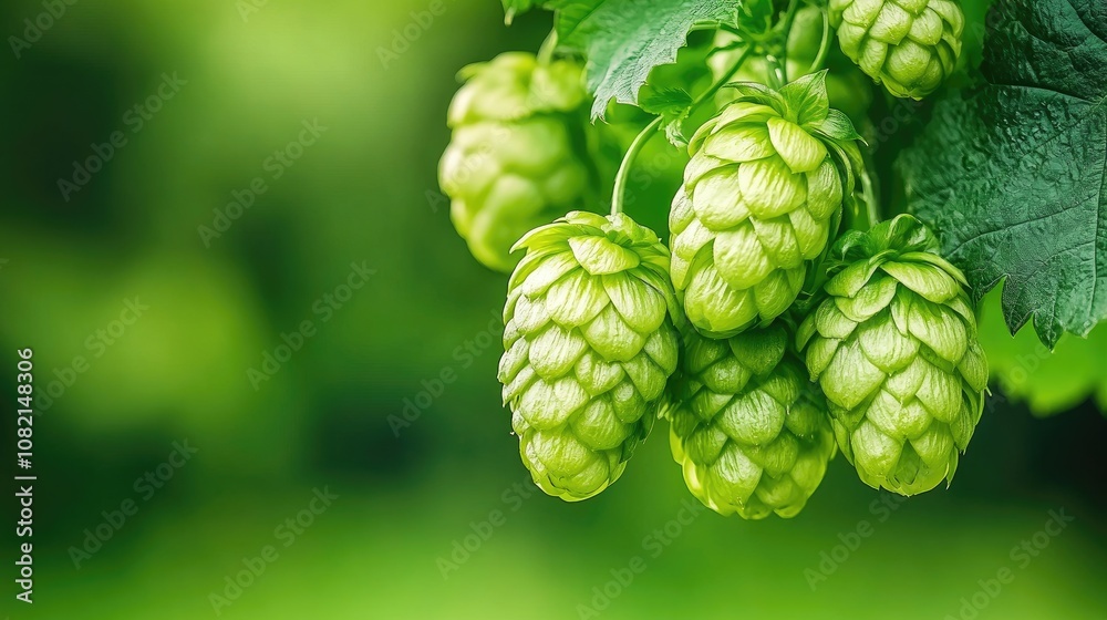 Vibrant green hop cones clustered together in a lush garden setting, showcasing nature's bounty close up in detail Vibrant green hop cones clustered together in a lush garden setting, showcasing nature's bounty close up in detail
