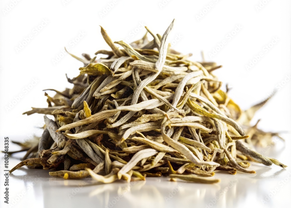Dry White Tea Leaves Isolated on White Background - A Heap of Chinese Bai Hao Yin Zhen Tea Perfect for Tea Enthusiasts and Culinary Use, Showcasing Natural Beauty and Textures Dry White Tea Leaves Isolated on White Background - A Heap of Chinese Bai Hao Yin Zhen Tea Perfect for Tea Enthusiasts and Culinary Use, Showcasing Natural Beauty and Textures