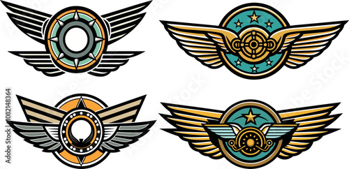 Four winged emblems with circular centers featuring mechanical and abstract designs