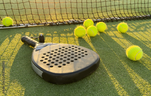 Padel racket and padel ball on a green court in the sunset photo