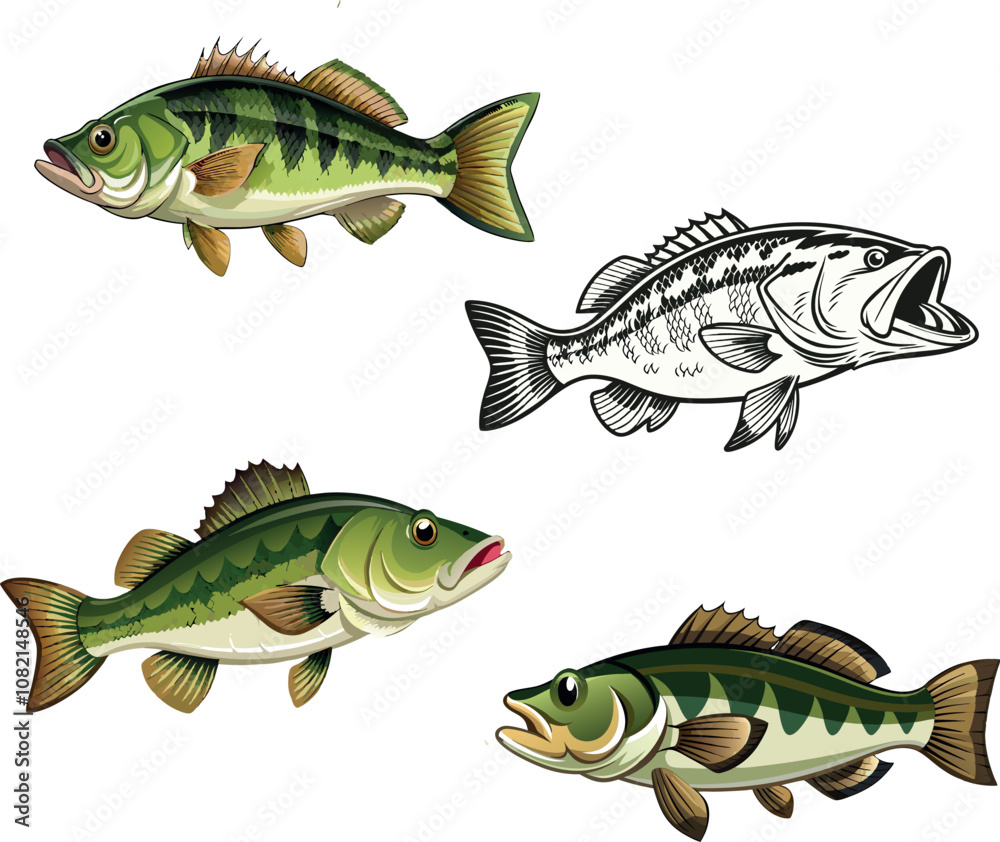 Four different styles of largemouth bass illustrations for fishing enthusiasts Four different styles of largemouth bass illustrations for fishing enthusiasts