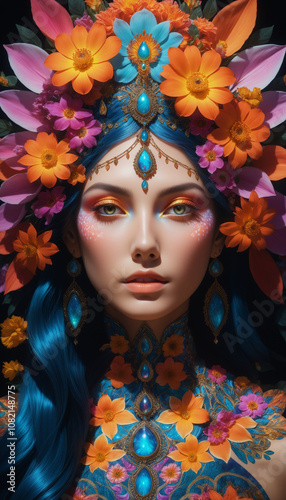 Woman with floral headdress, vibrant colors, fantasy beauty portrait