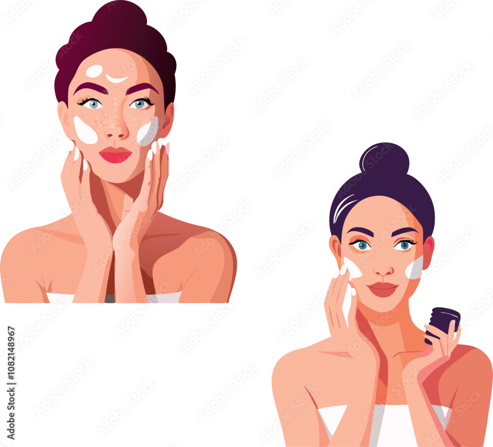 Woman applying moisturizing cream on face for skincare routine Woman applying moisturizing cream on face for skincare routine