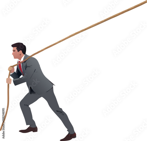 Businessman pulling rope working hard reaching business goal
