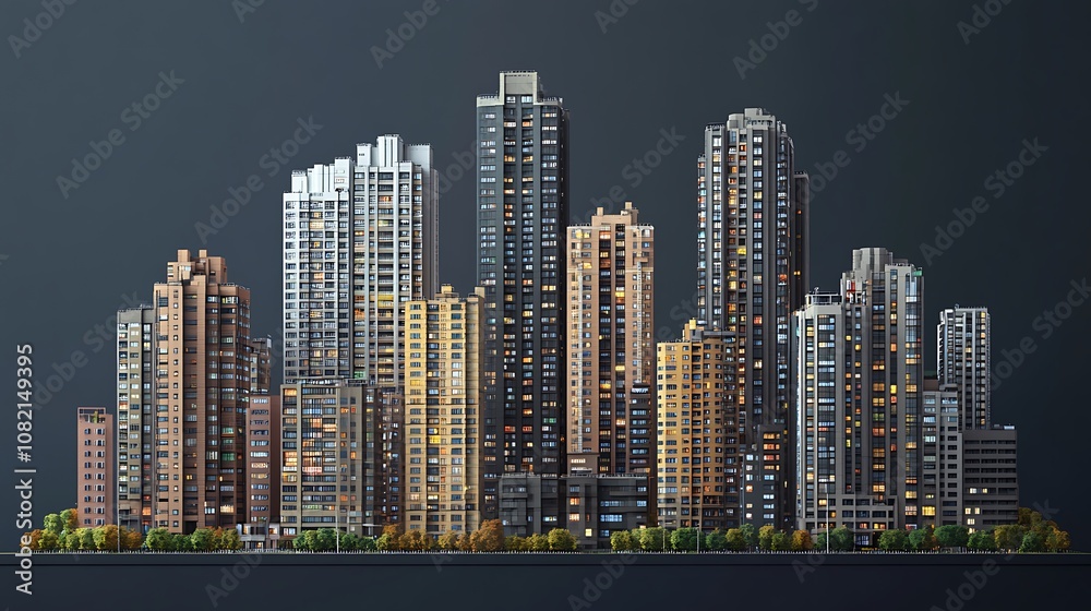 Fototapeta premium A stylized cityscape at night with illuminated windows in tall buildings.