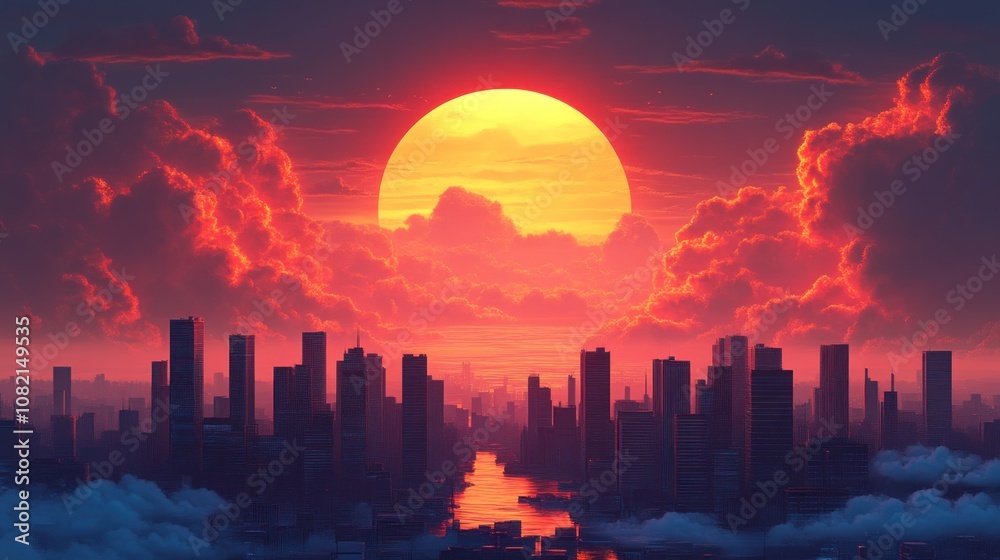 Vibrant Sunset Over a City Skyline with Dramatic Clouds and a Reflected River in the Foreground Highlighting Urban Life Vibrant Sunset Over a City Skyline with Dramatic Clouds and a Reflected River in the Foreground Highlighting Urban Life