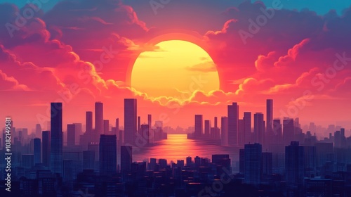 Vibrant Sunset Over Urban Cityscape with Silhouetted Skyscrapers and Colorful Clouds Reflecting on Calm Water of the Bay