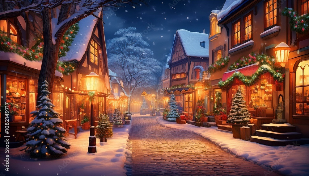 Naklejka premium 따뜻한 조명이 비치는 겨울 도시의 거리