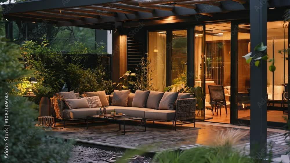 Cozy outdoor lounge with modern patio furniture and ambient lighting at dusk Cozy outdoor lounge with modern patio furniture and ambient lighting at dusk