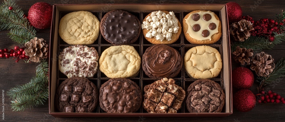 A beautifully arranged assortment of cookies is presented in a gift box, perfect for sharing during New Year's Eve festivities with festive decorations A beautifully arranged assortment of cookies is presented in a gift box, perfect for sharing during New Year's Eve festivities with festive decorations