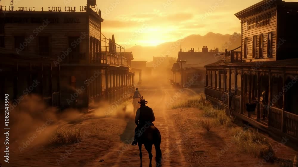 Wild West Town at Sunset with Cowboy Silhouette
